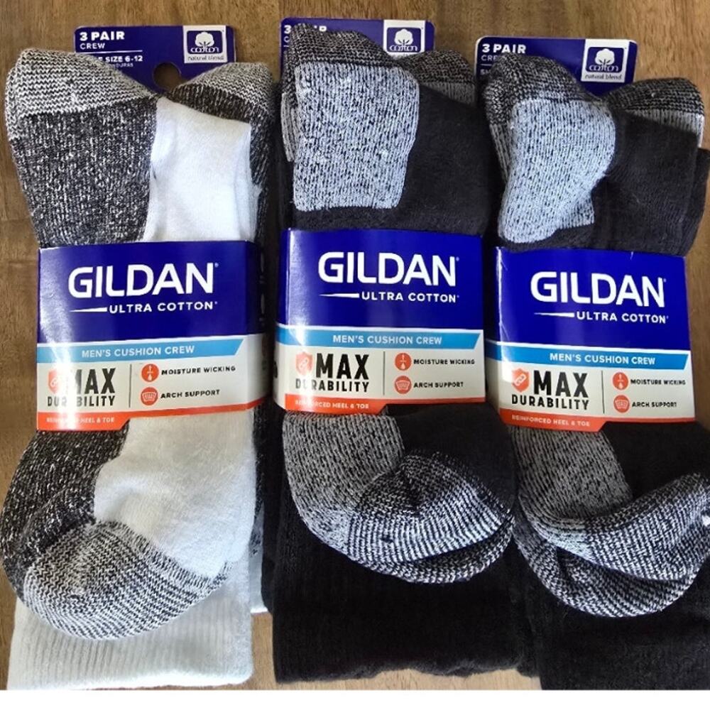 NWT Gildan Ultra Cotton Men’s Cushion Crew Socks Shoe Size 6-12, 3 packs
